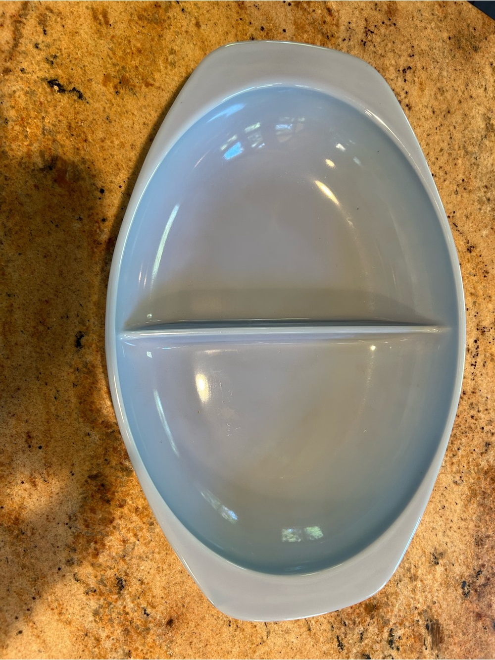 Pyrex #1063 Delphite Blue Divided Oval Serving Dish 1 1/2qt. Vintage 1960-1962